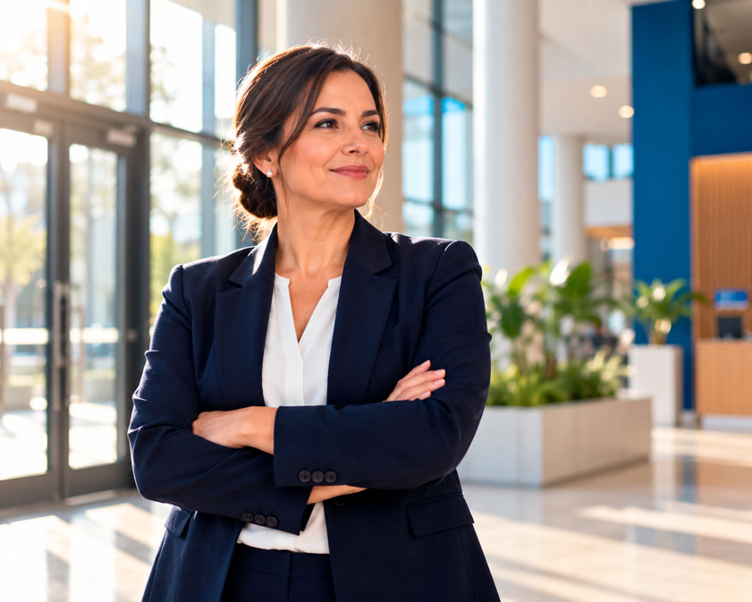 Fotografía editorial de una directora fundadora de una institución educativa, mujer de aproximadamente 45 años, piel morena clara, cabello castaño oscuro recogido, vistiendo un blazer formal azul marino sobre blusa blanca, de pie con los brazos cruzados en actitud confiada y serena, sonrisa suave, mirando ligeramente hacia un costado fuera de cámara. Está en el vestíbulo de entrada de un edificio educativo recién inaugurado, con puertas de vidrio y columnas delgadas de concreto blanco detrás de ella, y una jardinera interior desenfocada al fondo. Luz natural suave entrando desde la puerta de vidrio, generando un contraluz cálido en el cabello. Paleta: azul marino del blazer, blanco cálido del vestíbulo, acento de cian en un detalle de señalética borrosa al fondo. Formato 5:4, plano medio, profundidad de campo media-baja que resalta a la persona sobre el fondo arquitectónico. Sin texto legible, sin logotipos reales. Estilo fotografía editorial corporativa premium, transmitiendo liderazgo y logro institucional.